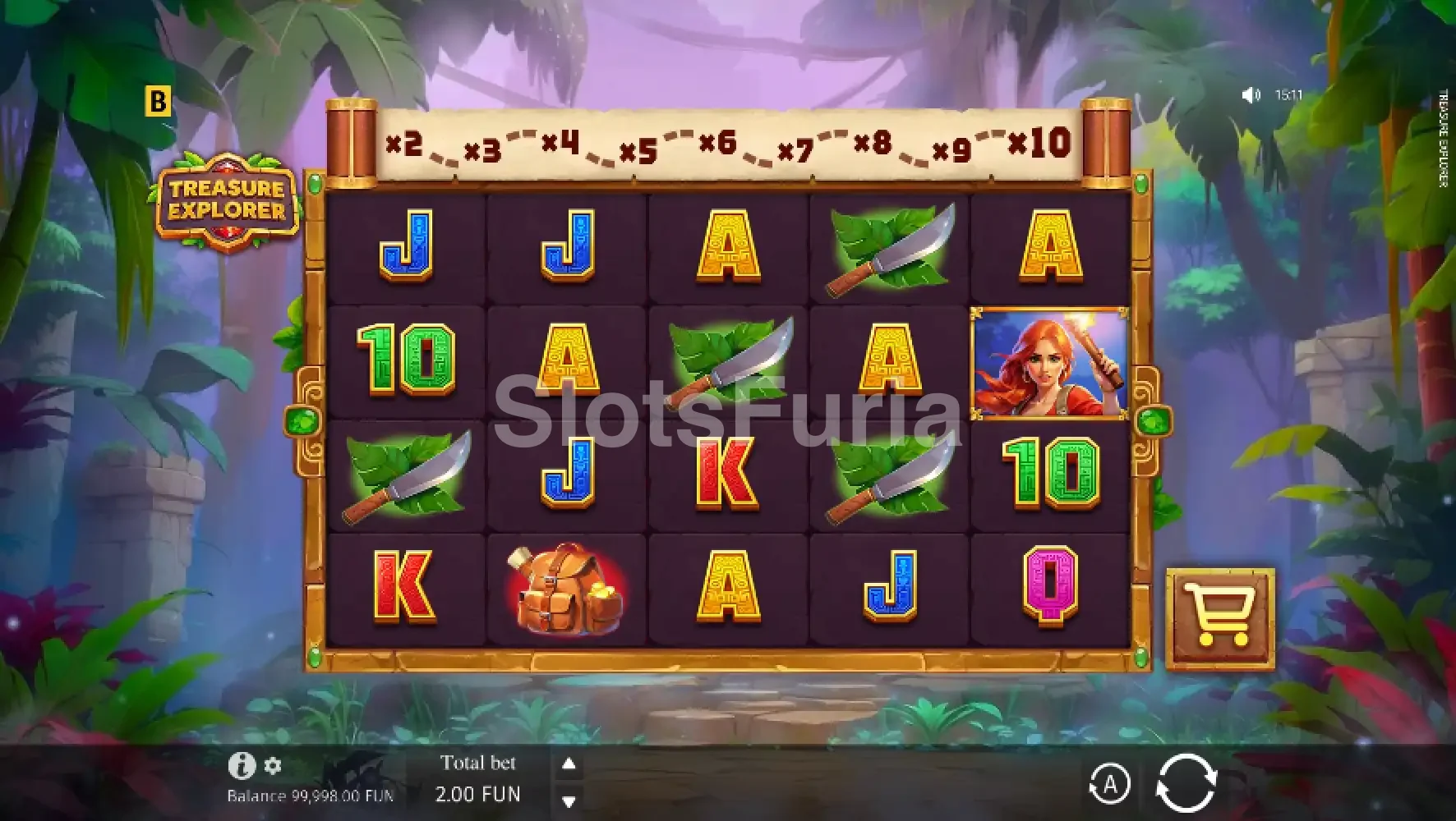Pantalla principal de Treasure Explorer con la jungla azteca y los 5 carretes