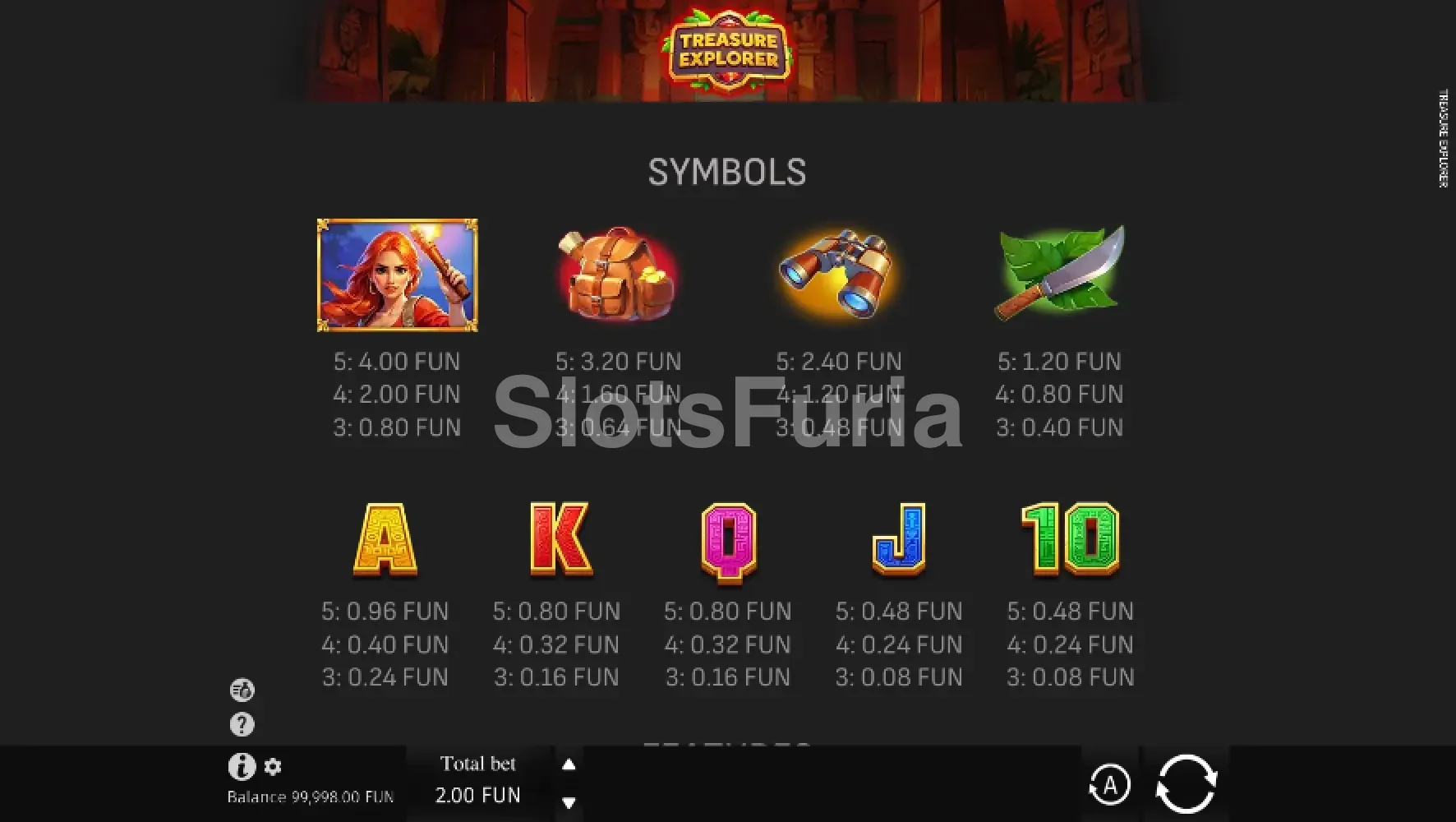 Tabla de pagos de Treasure Explorer con los símbolos y sus valores