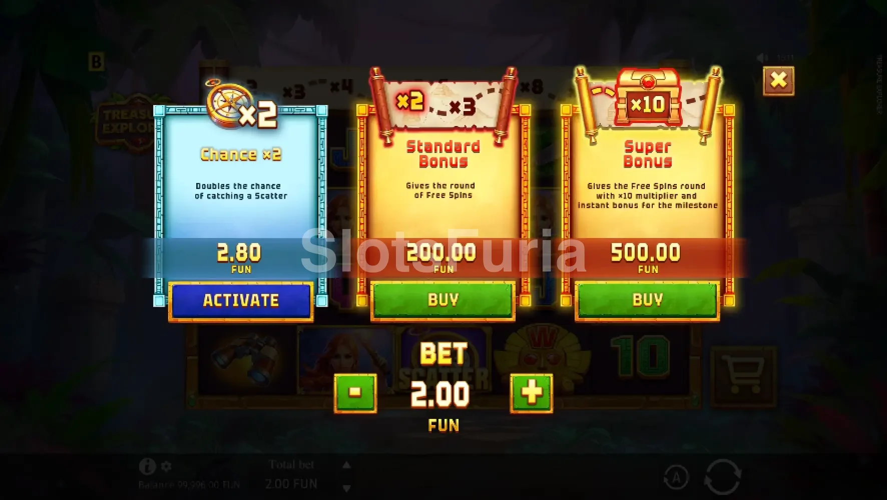 Menú de compra de bonus en Treasure Explorer con las distintas opciones disponibles