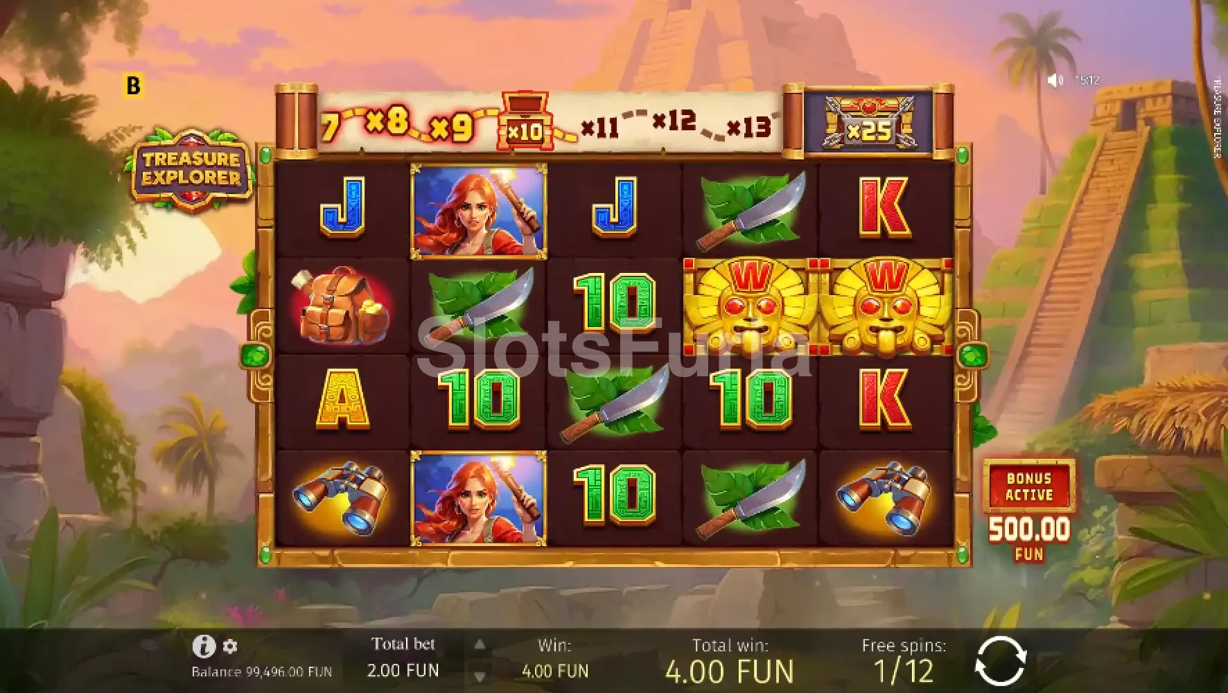 Función de giros gratis de Treasure Explorer con el multiplicador activo