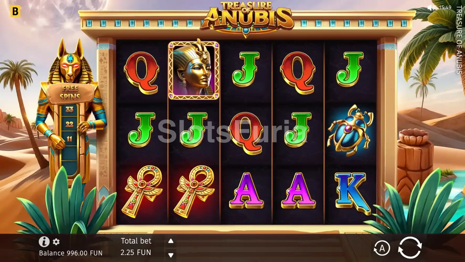 Pantalla principal de Treasure of Anubis con los cinco carretes activos