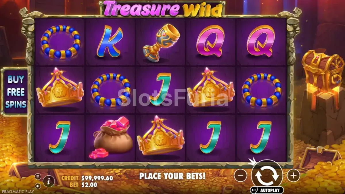 Pantalla principal del juego base de Treasure Wild con cofre dorado