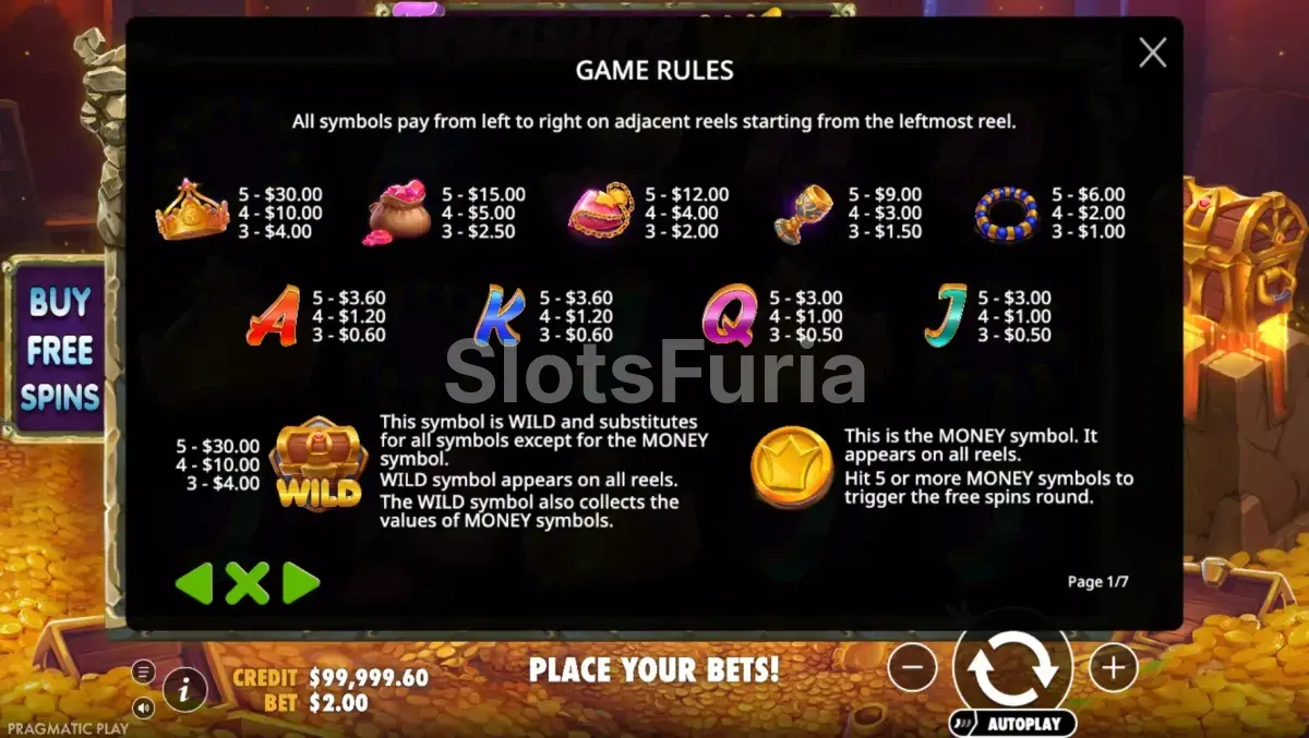 Tabla de pagos detallada de Treasure Wild con todos los símbolos