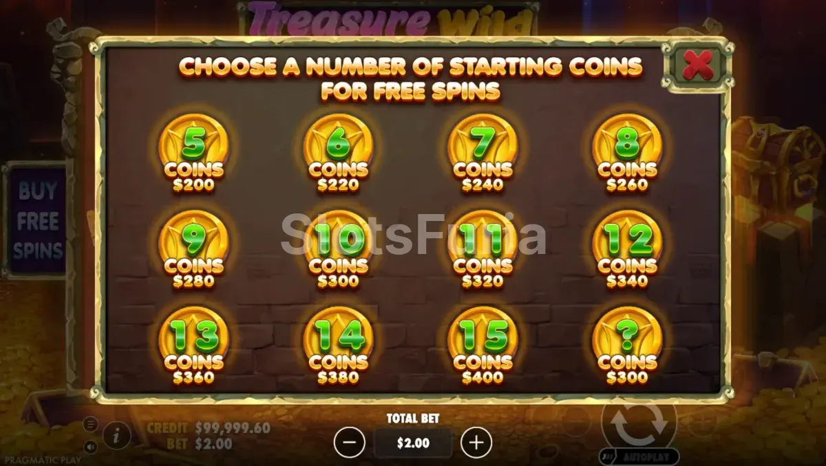 Interfaz de compra de bonus en Treasure Wild de Pragmatic Play