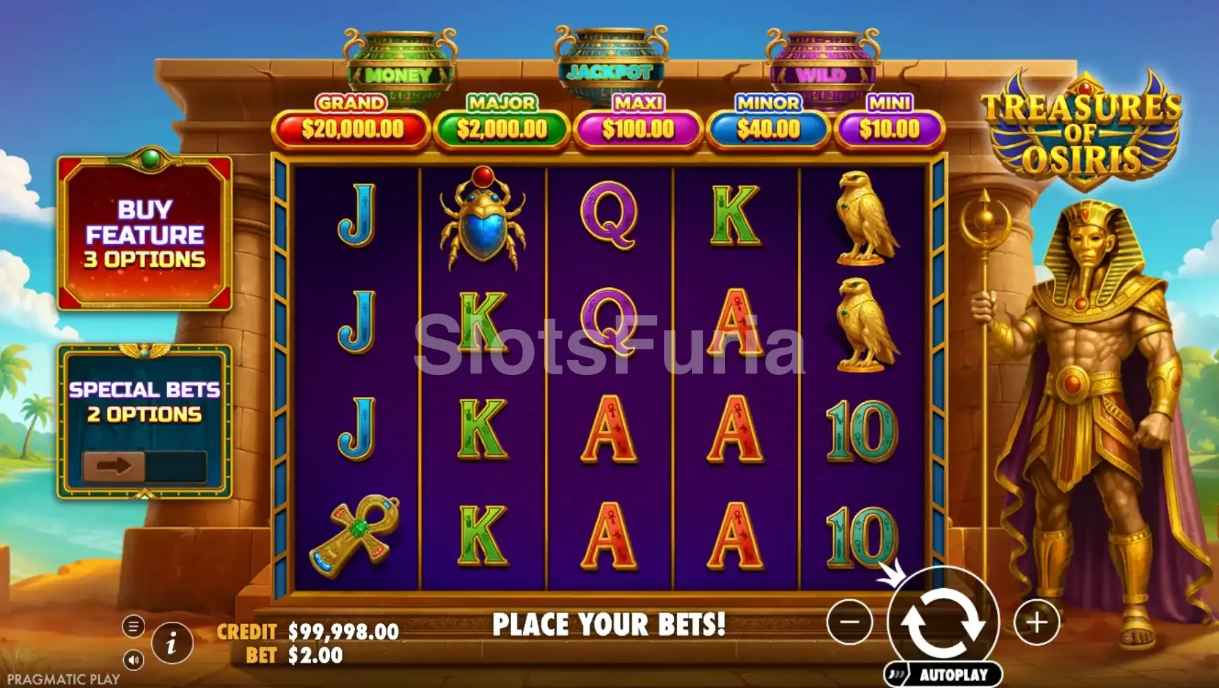 Pantalla principal del juego Treasures of Osiris con el tablero 5x4