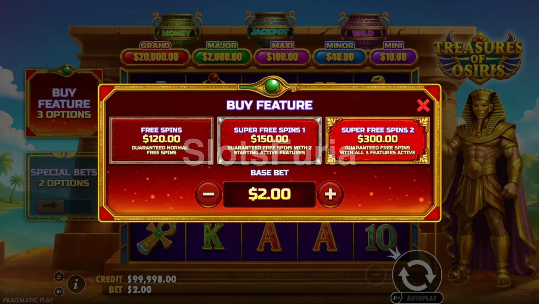 Opciones de compra de bonus en Treasures of Osiris