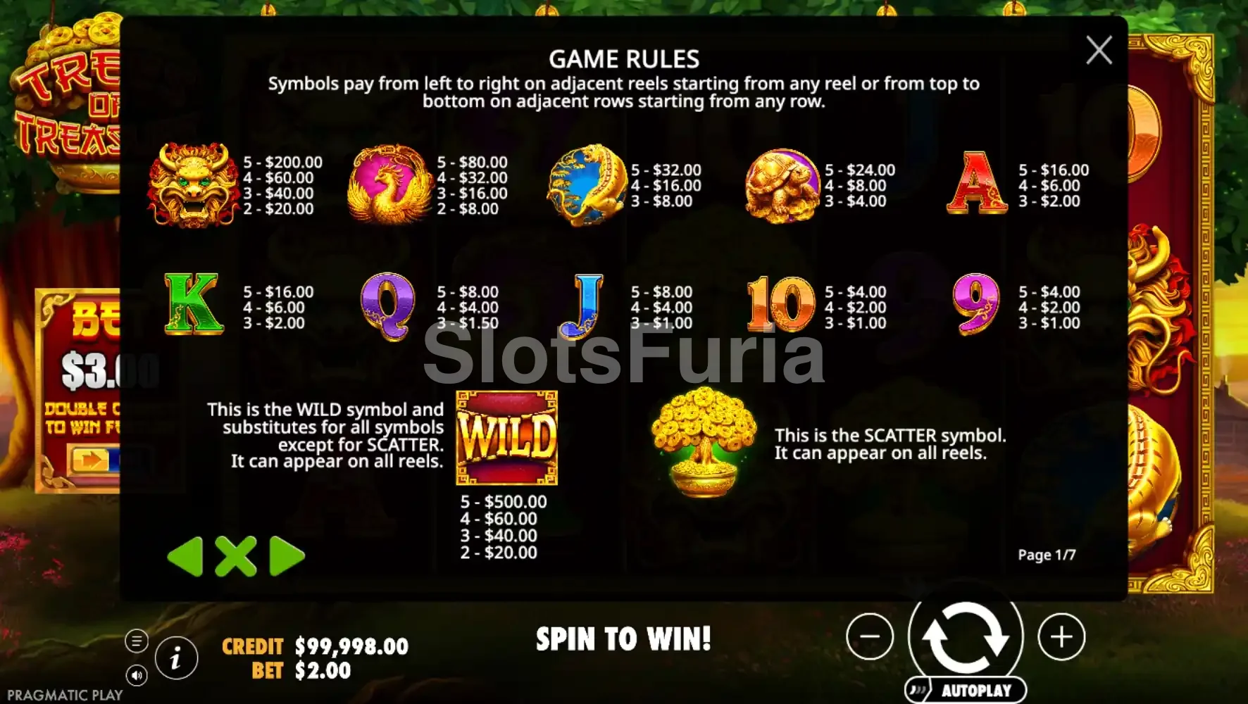 Tabla de pagos de Trees of Treasure con todos los símbolos