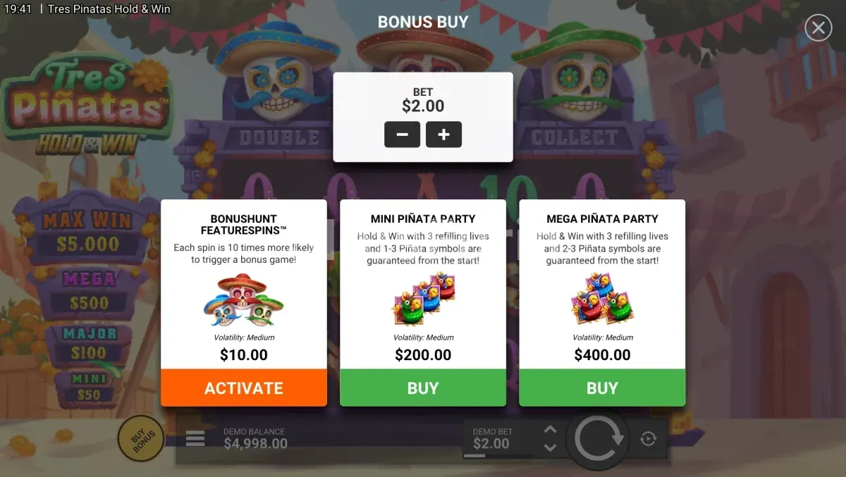 Panel de compra de bono en Tres Pinatas Hold & Win con las tres opciones disponibles