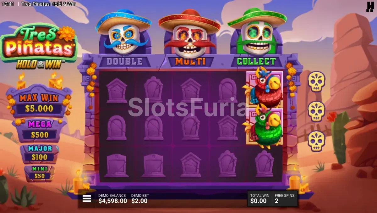 Ronda de bonificación Hold & Win en Tres Pinatas Hold & Win con símbolos de moneda y jackpot
