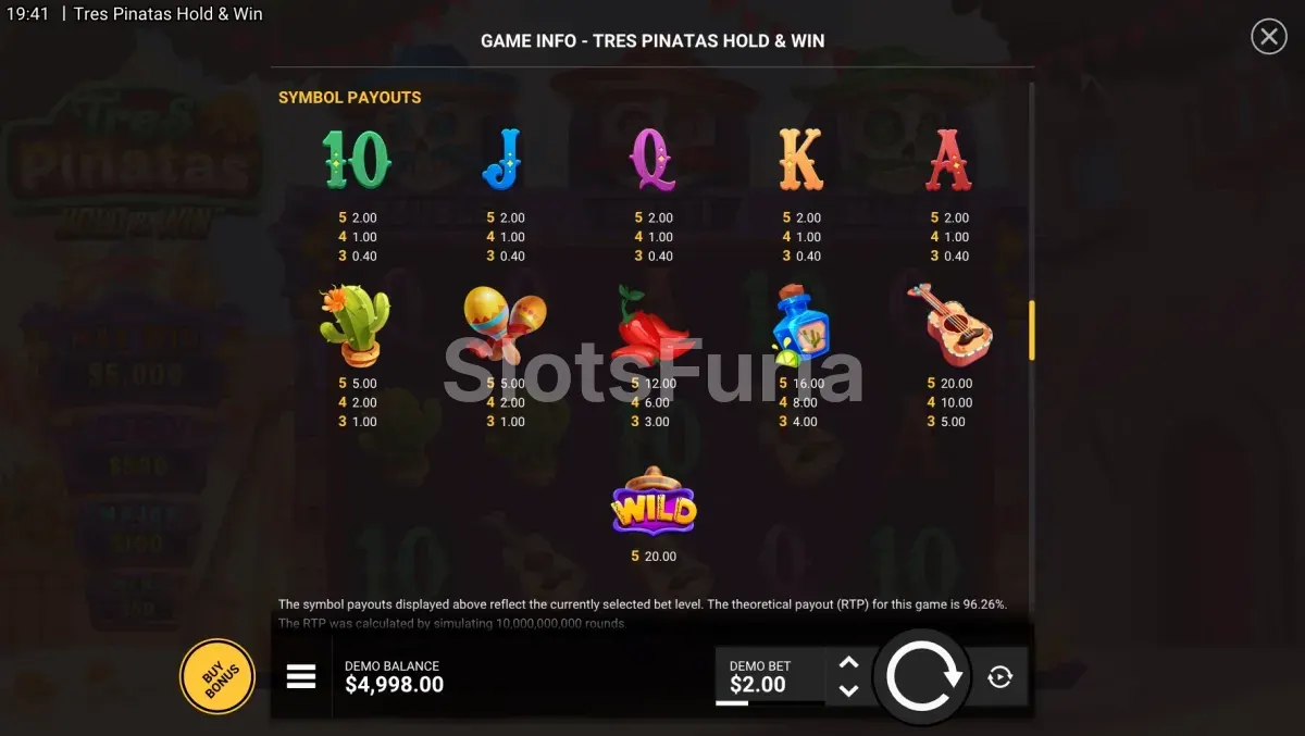 Tabla de pagos de Tres Pinatas Hold & Win con símbolos premium y comodines