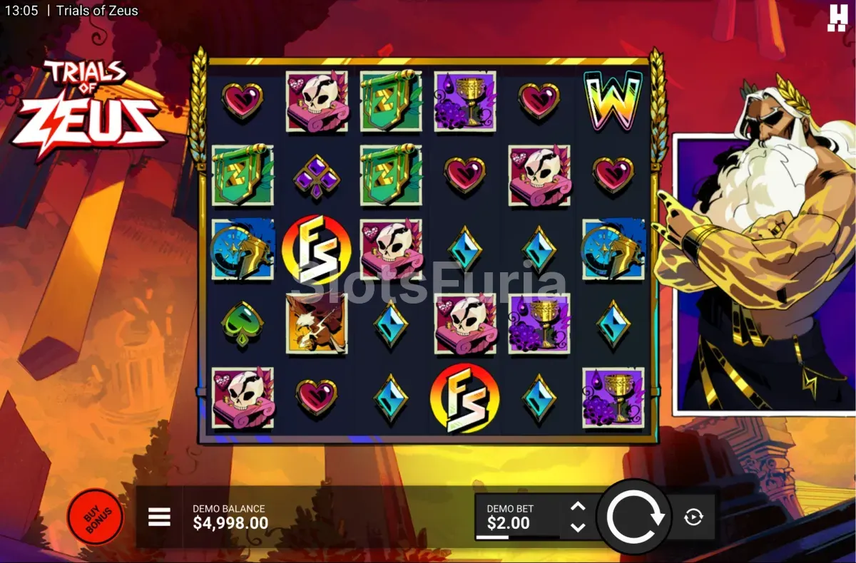 Juego base de Trials of Zeus con símbolos Wonder en los rodillos centrales