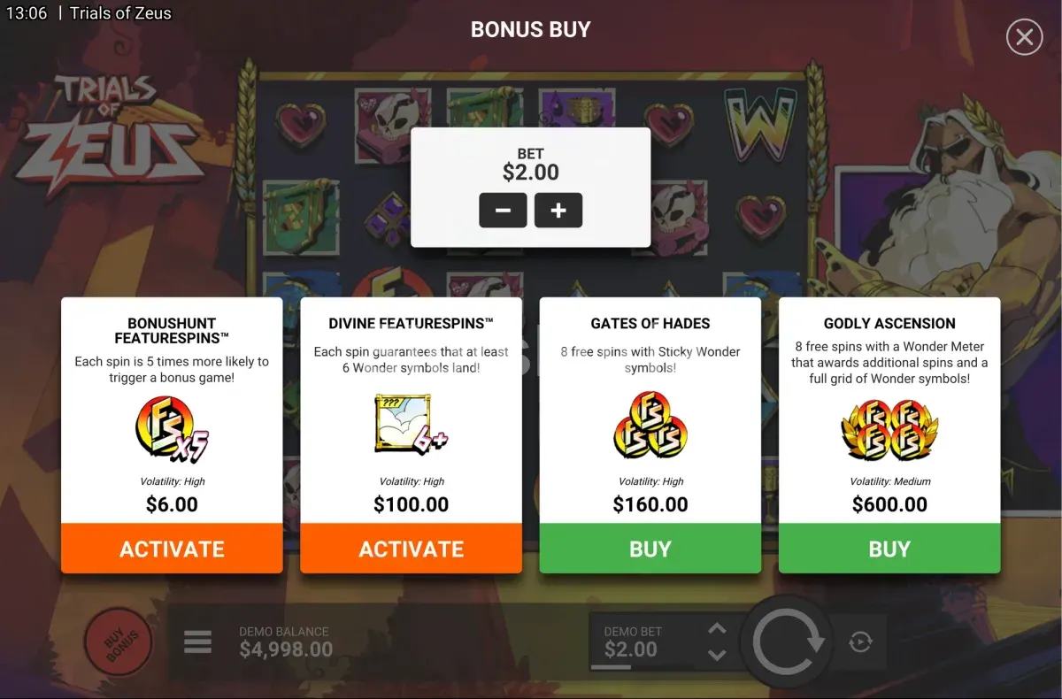 Menú de compra de bonus de Trials of Zeus con Gates of Hades y Godly Ascension