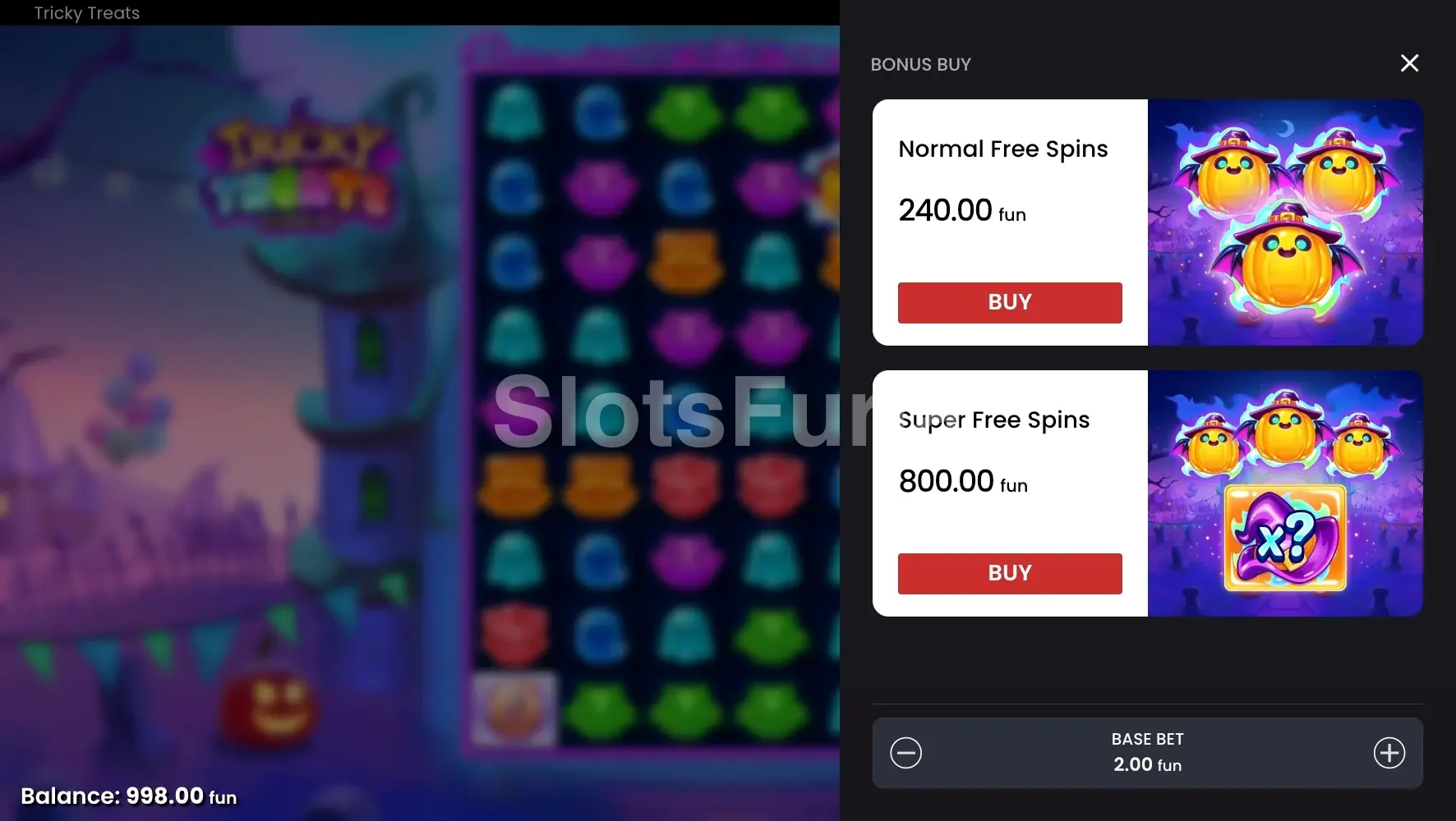 Interfaz de compra de bonus de Tricky Treats