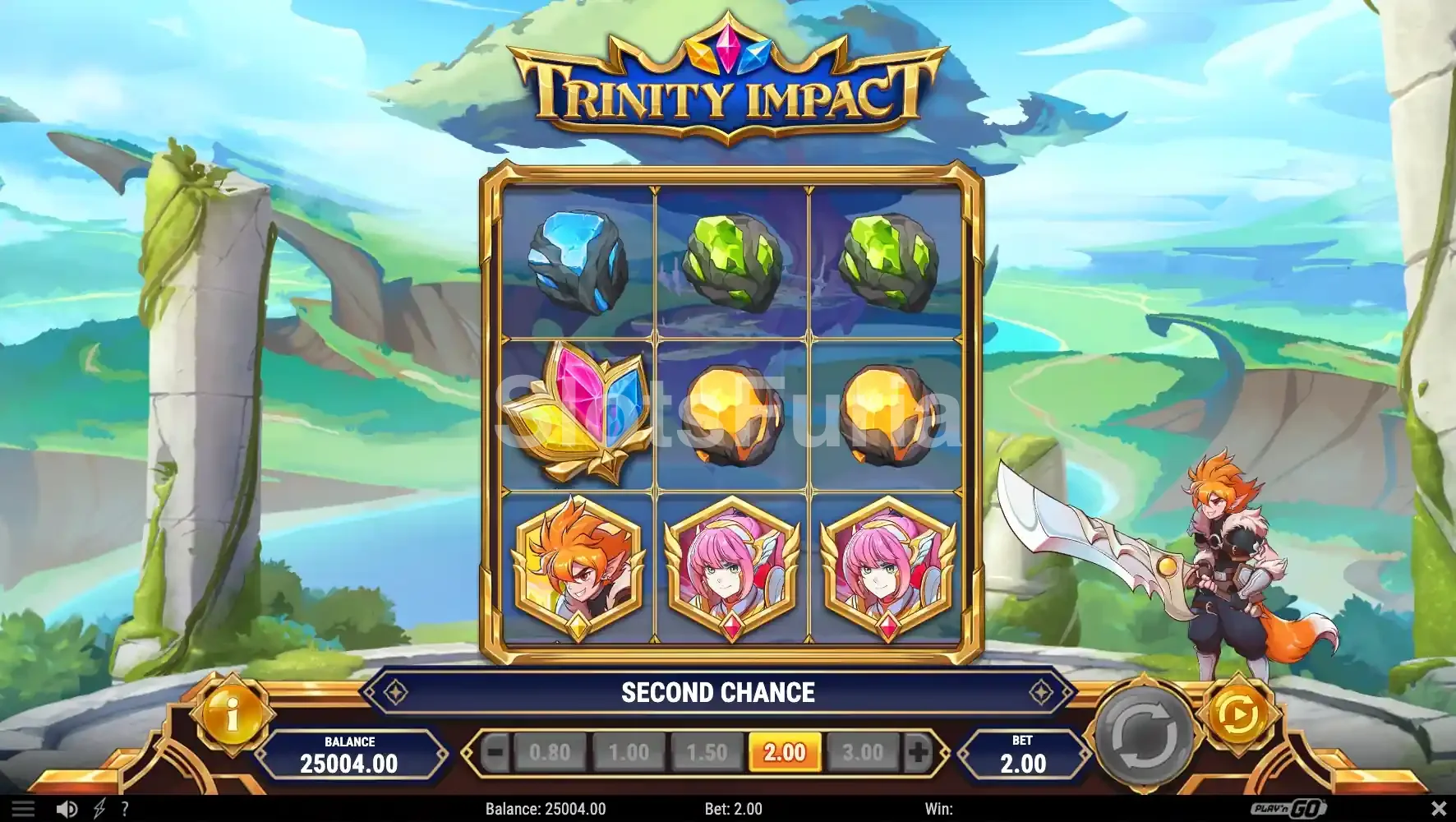 Pantalla principal de Trinity Impact con los tres héroes en posición de batalla