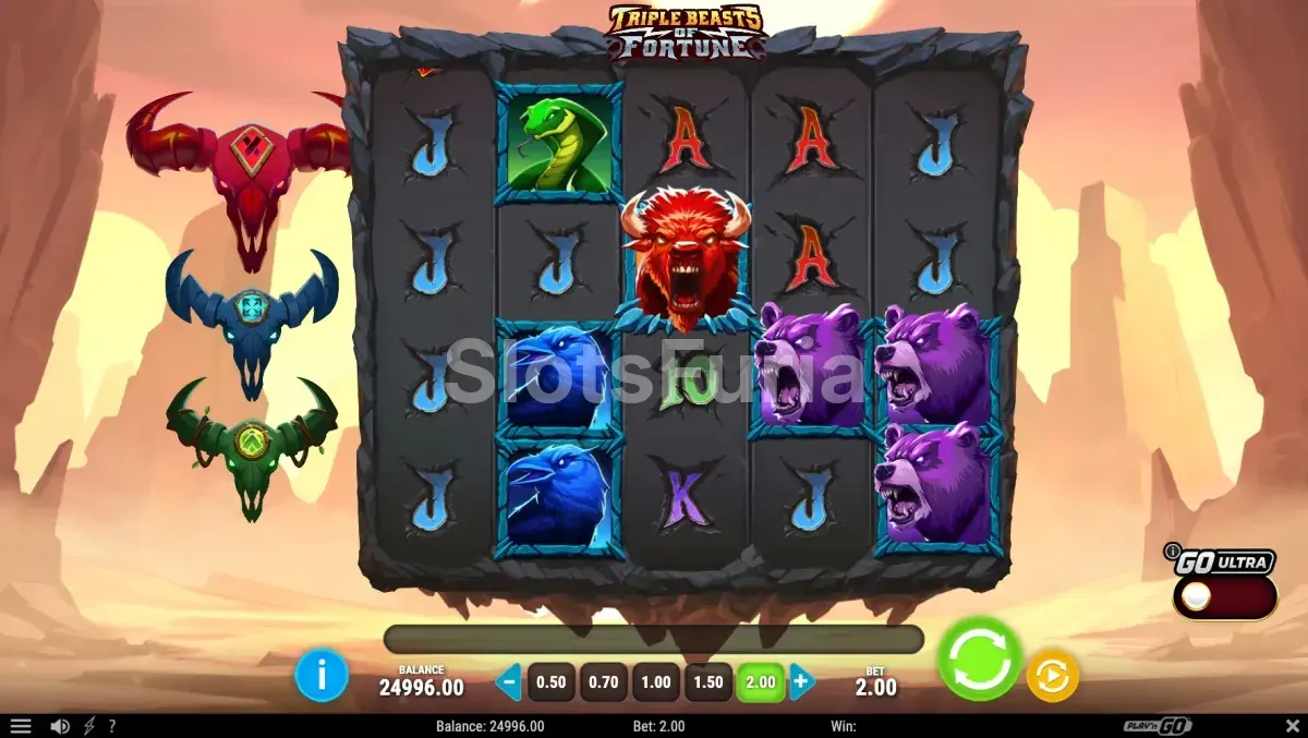 Segunda vista del juego base en Triple Beasts of Fortune mostrando los cristales scatter
