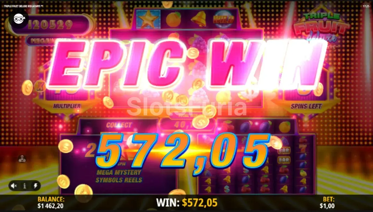 Pantalla de gran premio obtenido en Triple Fruit Deluxe Megaways
