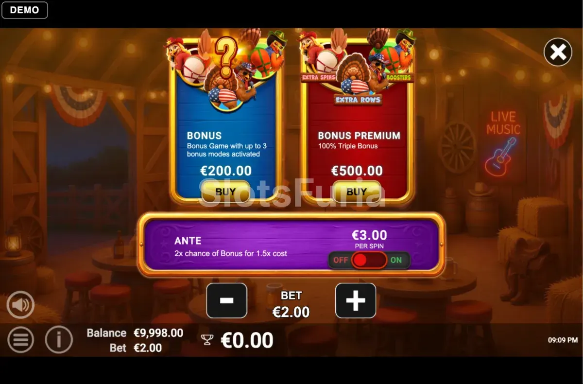 Menú de compra de bono de Triple Gobble Wobble con opciones de 100x y 250x