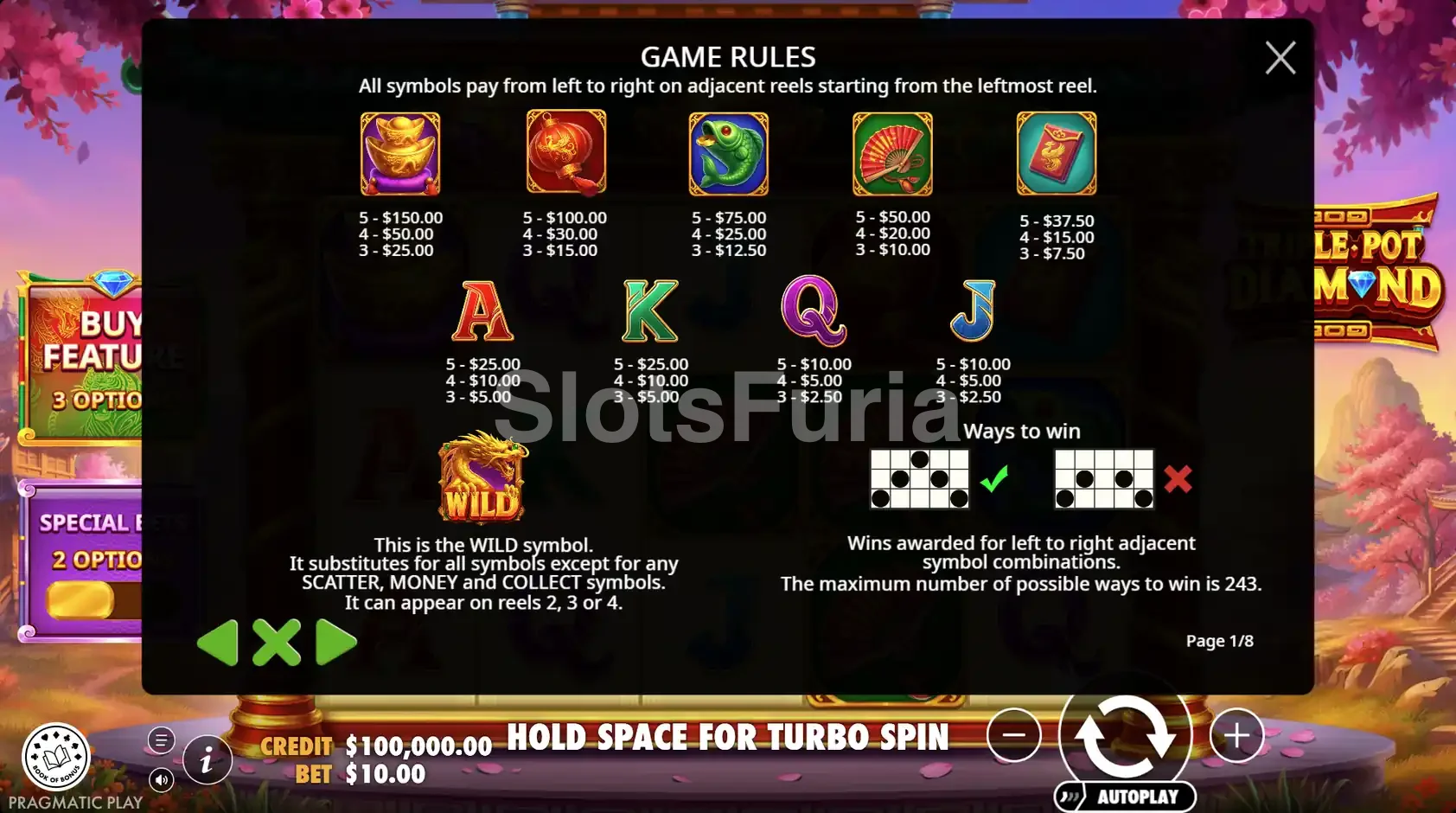 Tabla de pagos de Triple Pot Diamond con todos los símbolos y multiplicadores
