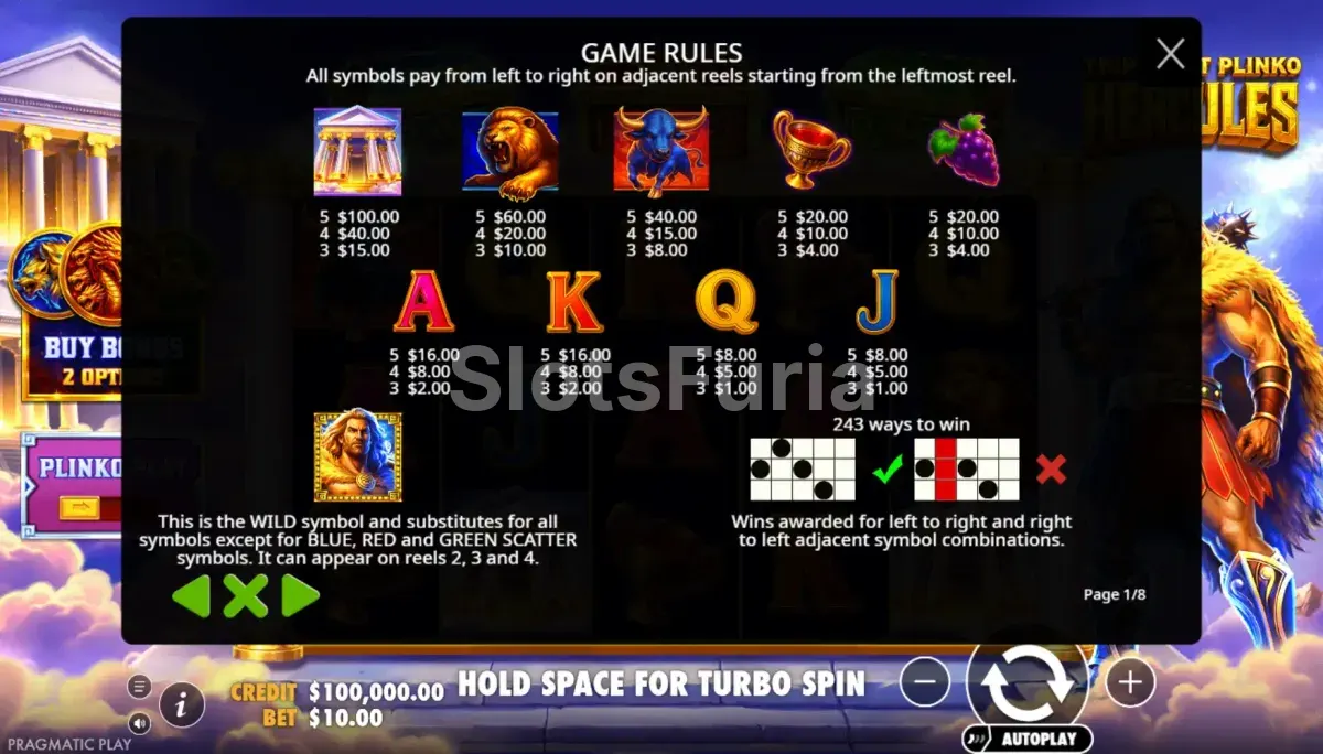 Tabla de pagos de Triple Pot Plinko Hercules con símbolos premium