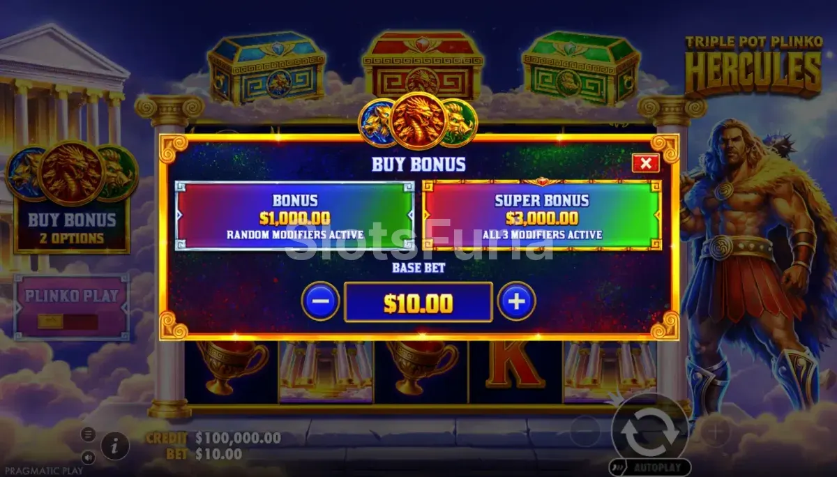 Pantalla de compra de bonus de Triple Pot Plinko Hercules con opciones x100 y x300