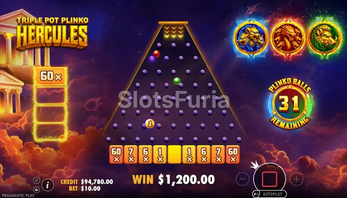 Ronda de bonus de Triple Pot Plinko Hercules con bolas cayendo por el tablero