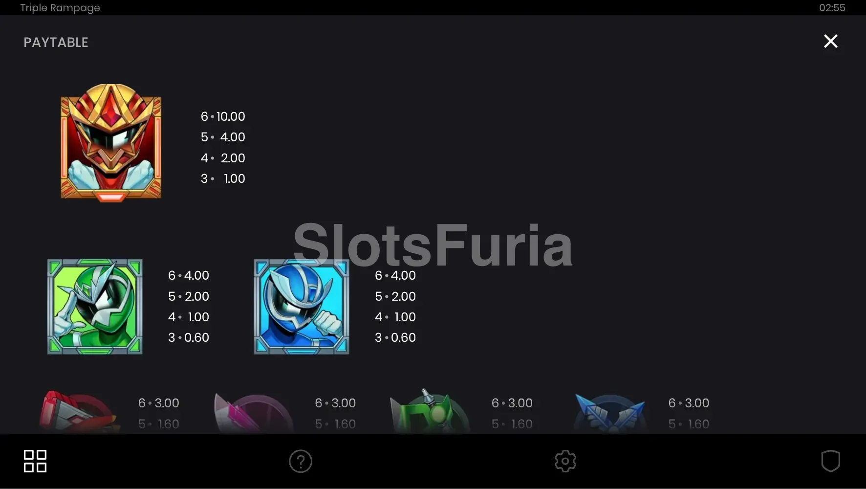 Tabla de pagos de Triple Rampage con símbolos y multiplicadores