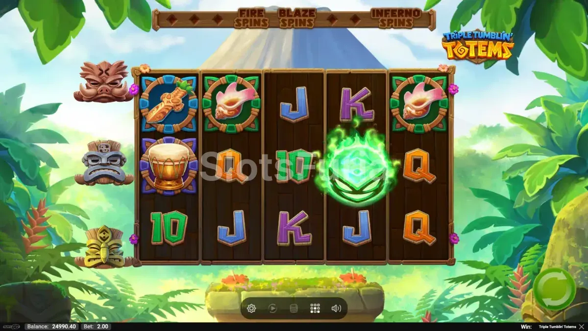 Segunda vista del juego base de Triple Tumblin’ Totems mostrando los símbolos en cascada