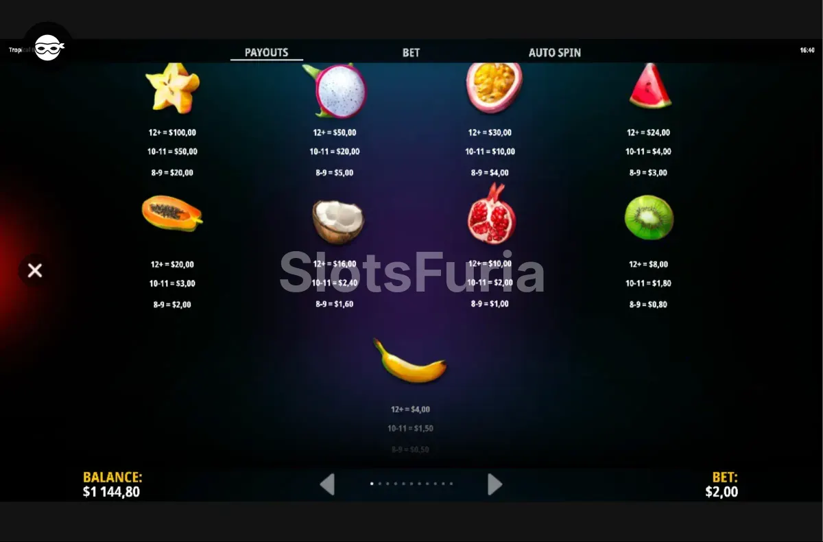 Tabla de pagos y símbolos de Tropical Bonanza