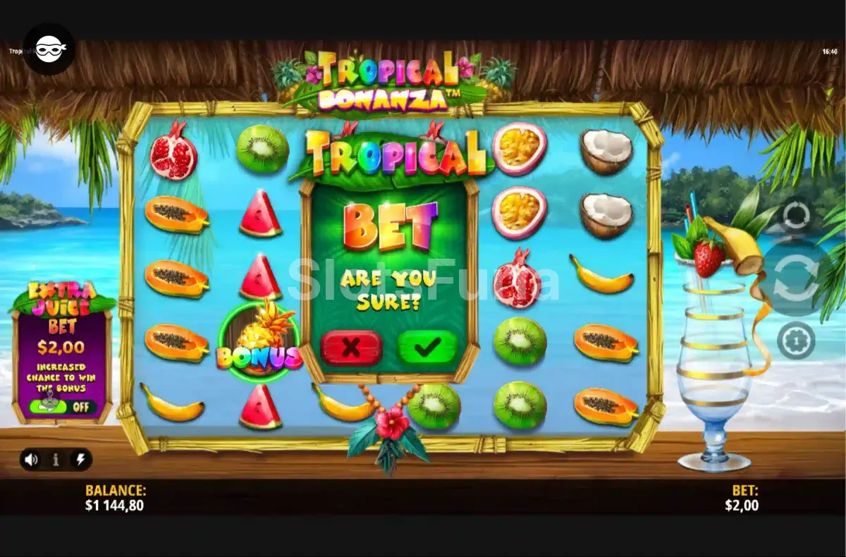 Pantalla de compra de bono en Tropical Bonanza de iSoftBet