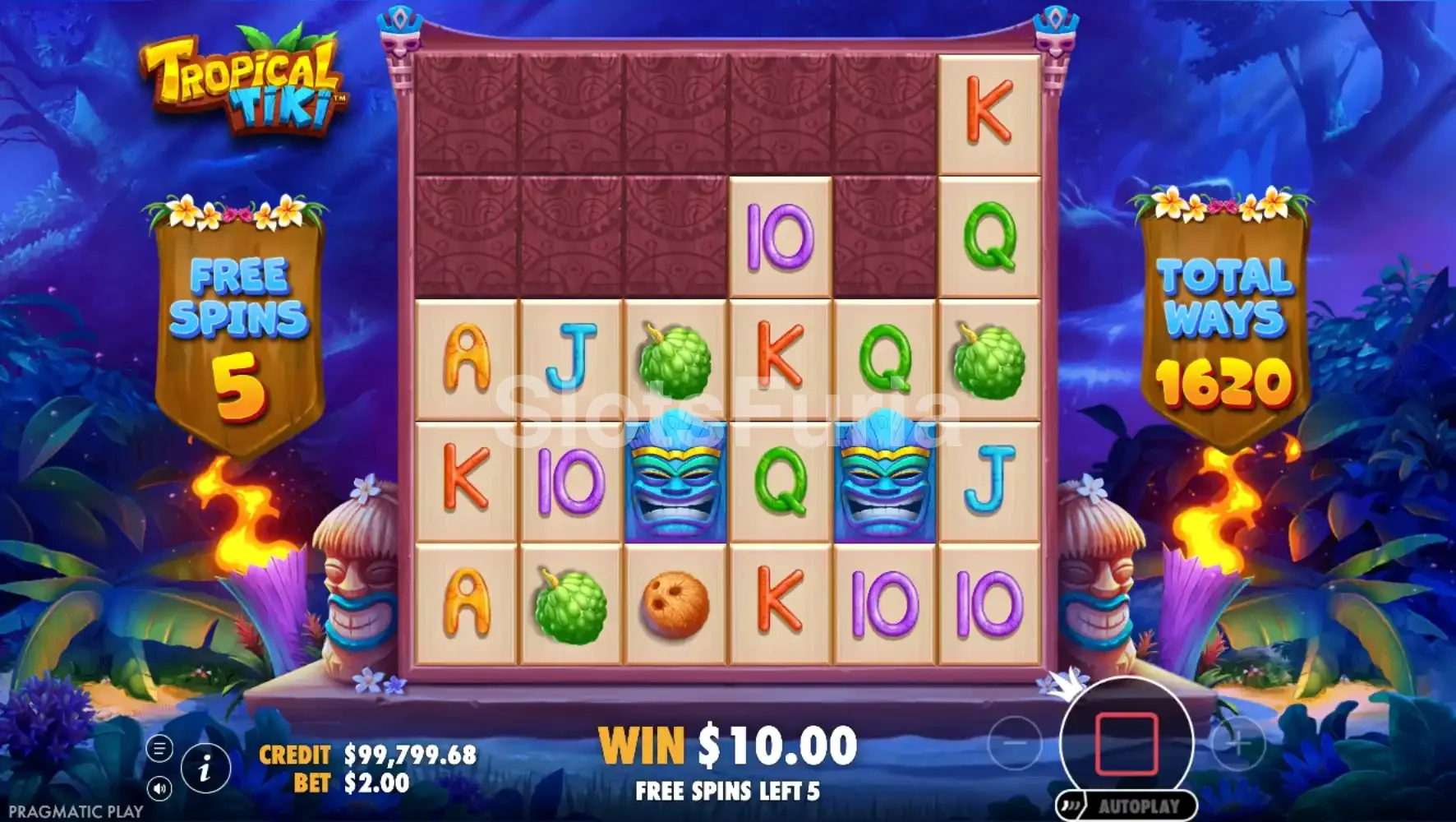 Ronda de giros gratis de Tropical Tiki con cuadrícula expandida a 5 filas