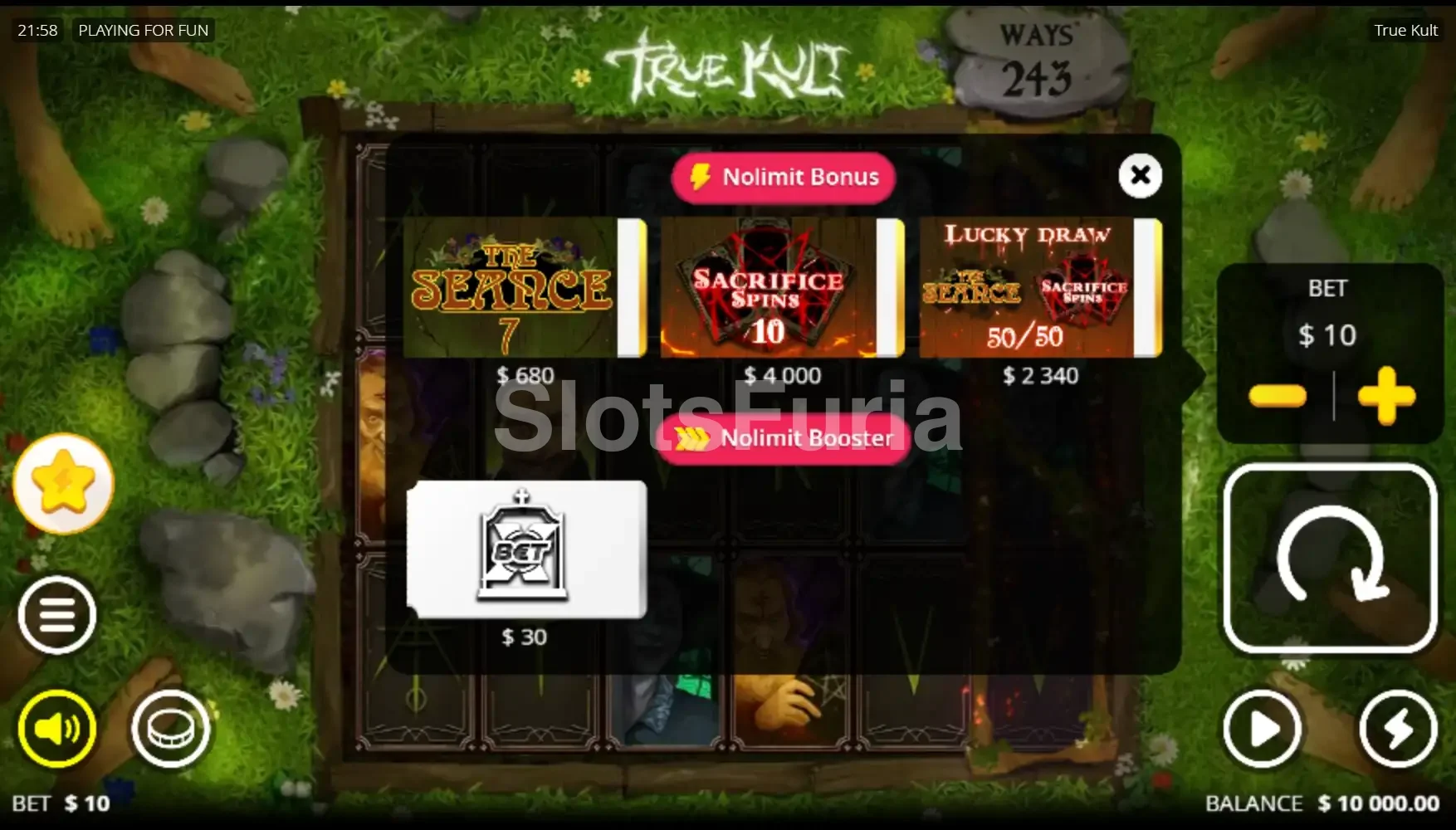 Interfaz de compra de bonus disponible en True Kult de Nolimit City