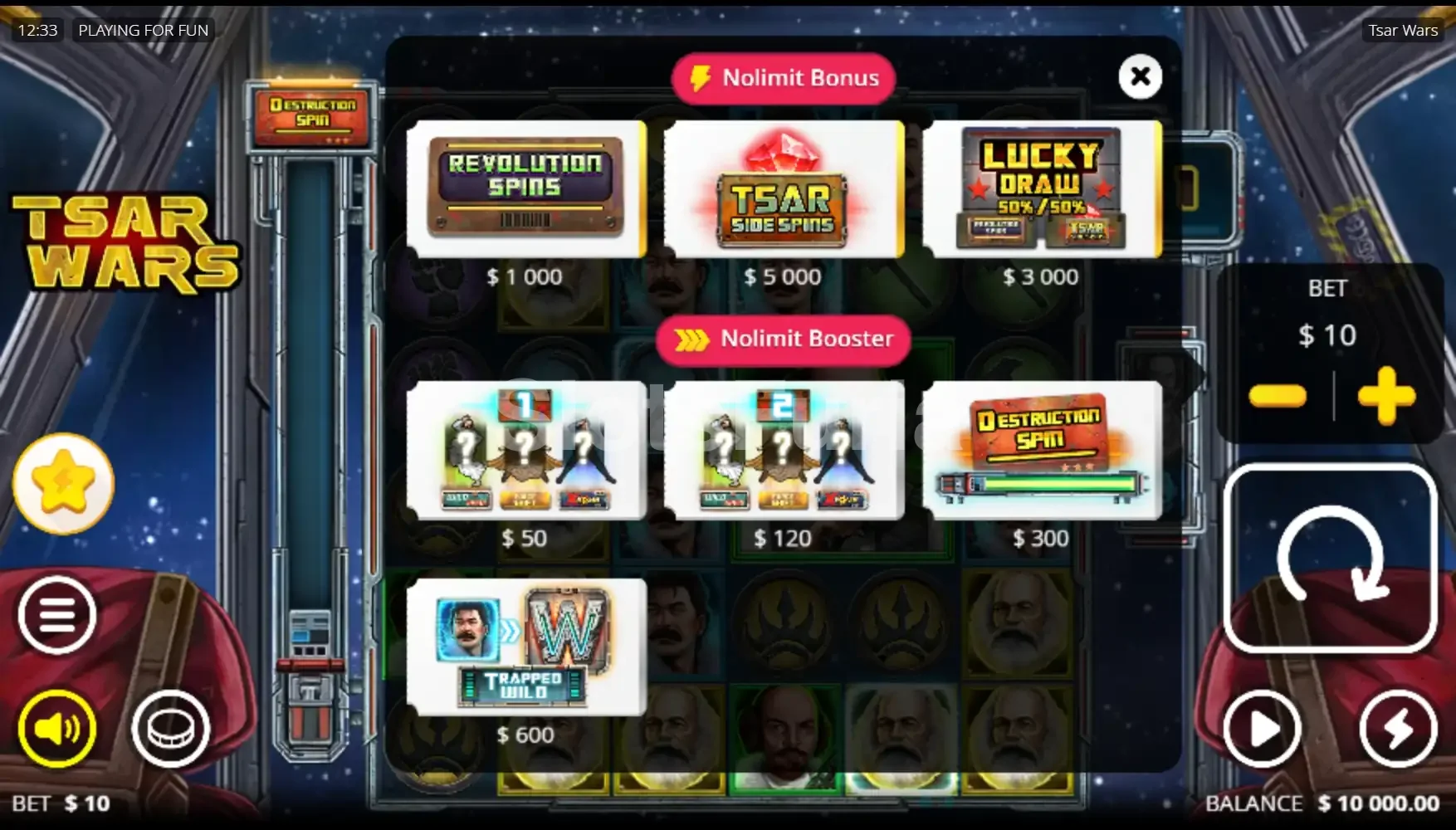 Menú de compra de Tsar Wars, tragamonedas espacial de Nolimit City