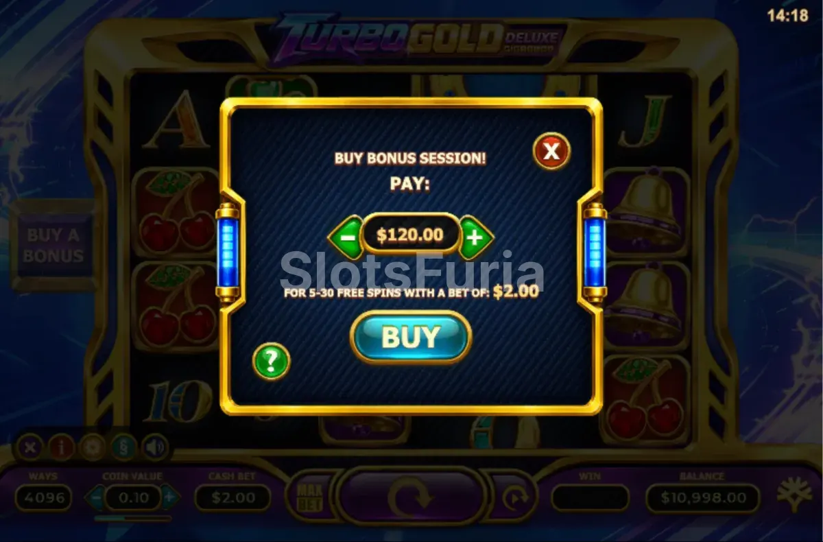 Pantalla de compra de bonus de Turbo Gold Deluxe con las opciones disponibles