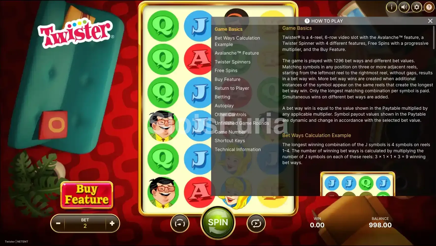 Tabla de pagos de Twister con cartas y personajes