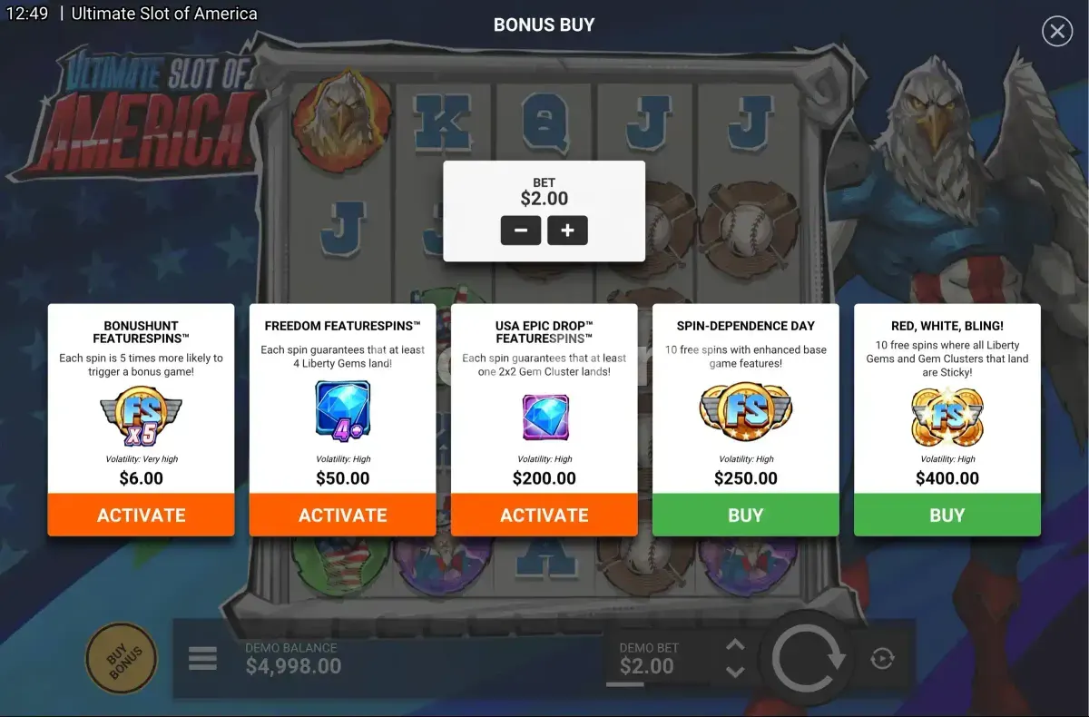 Menú de compra de bonus en Ultimate Slot of America con todas las opciones disponibles