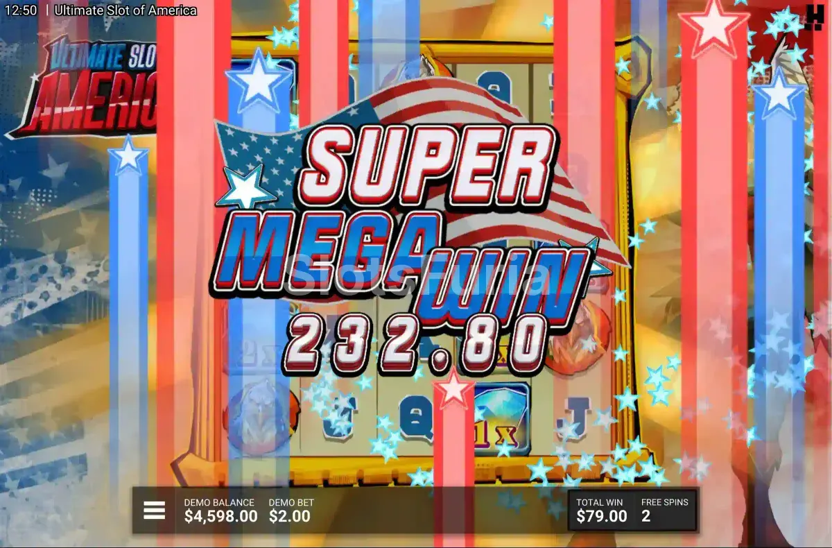 Pantalla de gran victoria en Ultimate Slot of America con el multiplicador máximo