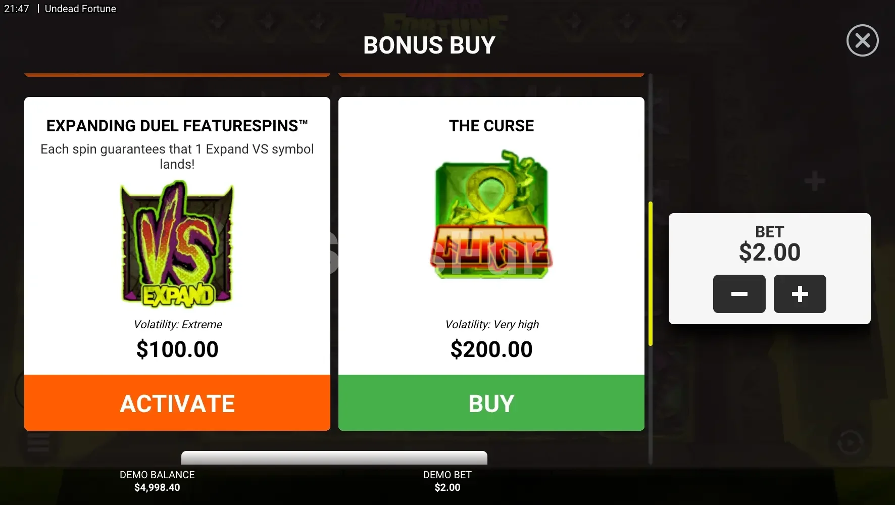 Menú de compra de bonus en Undead Fortune de Hacksaw Gaming
