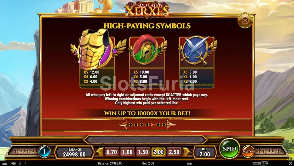 Tabla de pagos de Undefeated Xerxes con símbolos de la Antigua Grecia