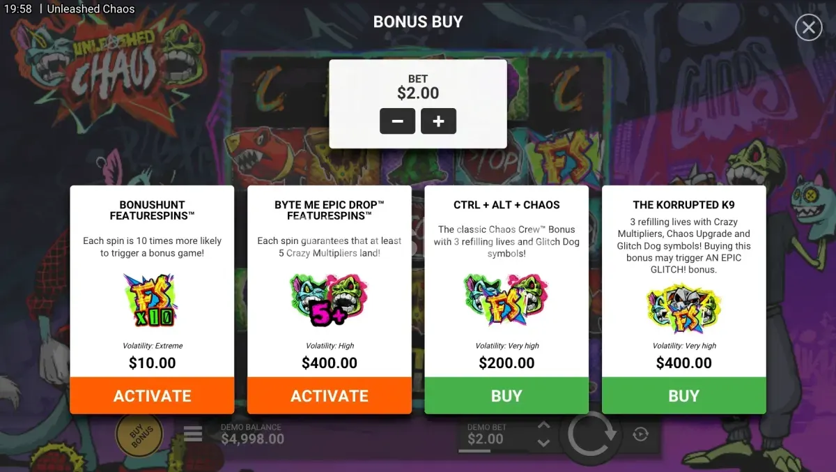 Pantalla de compra de bonus en Unleashed Chaos