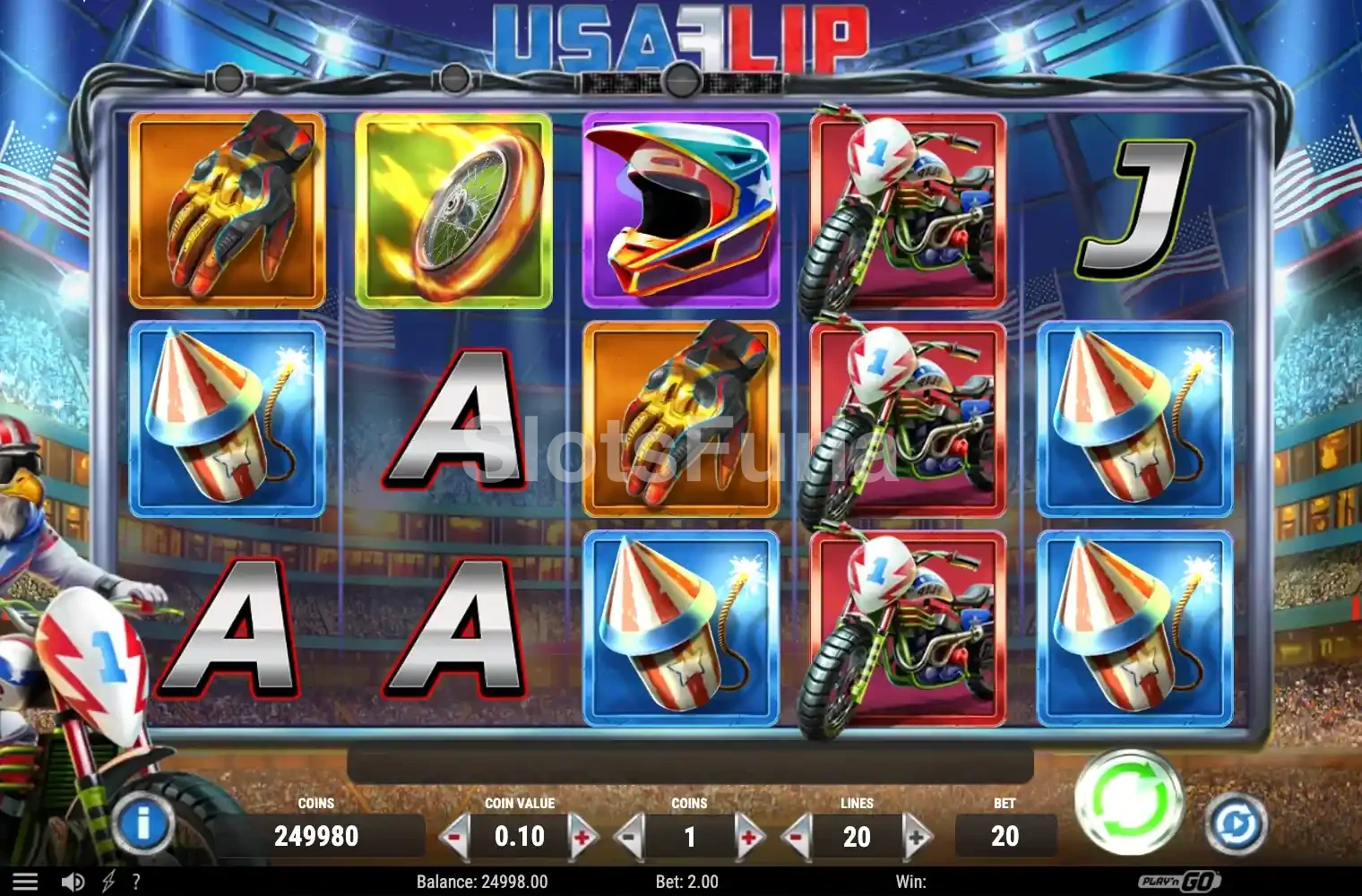 Pantalla principal de USA Flip con el estadio y el águila motociclista