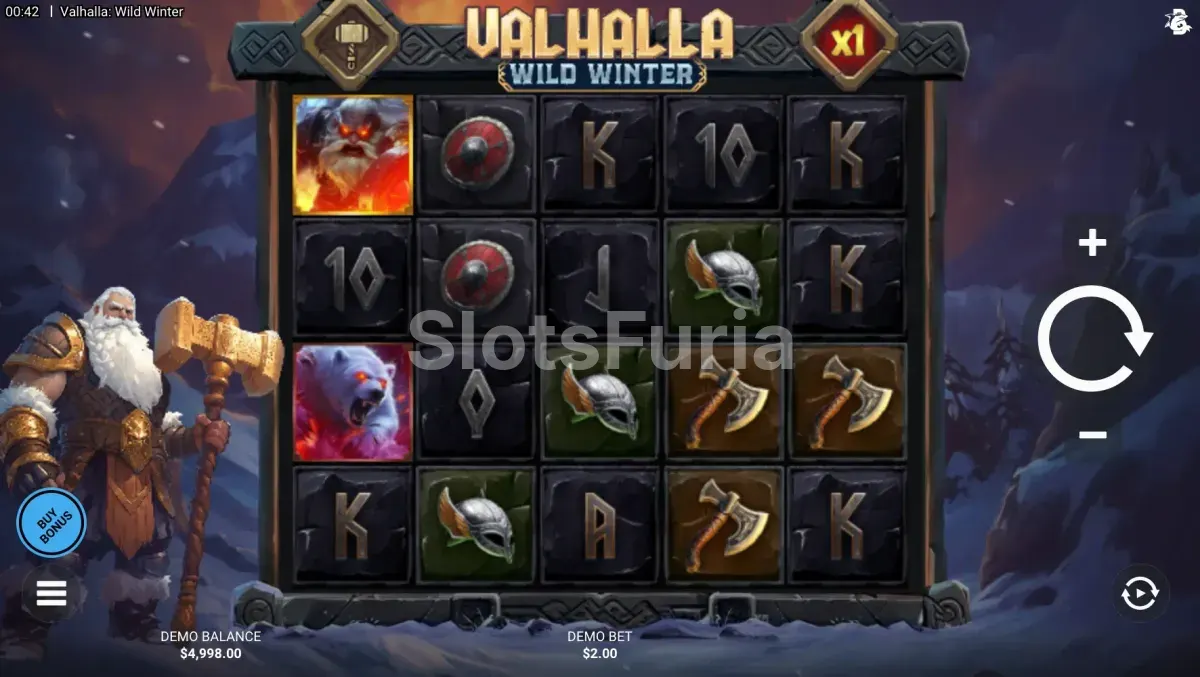 Pantalla principal de Valhalla Wild Winter con sus 5 rodillos y temática nórdica invernal