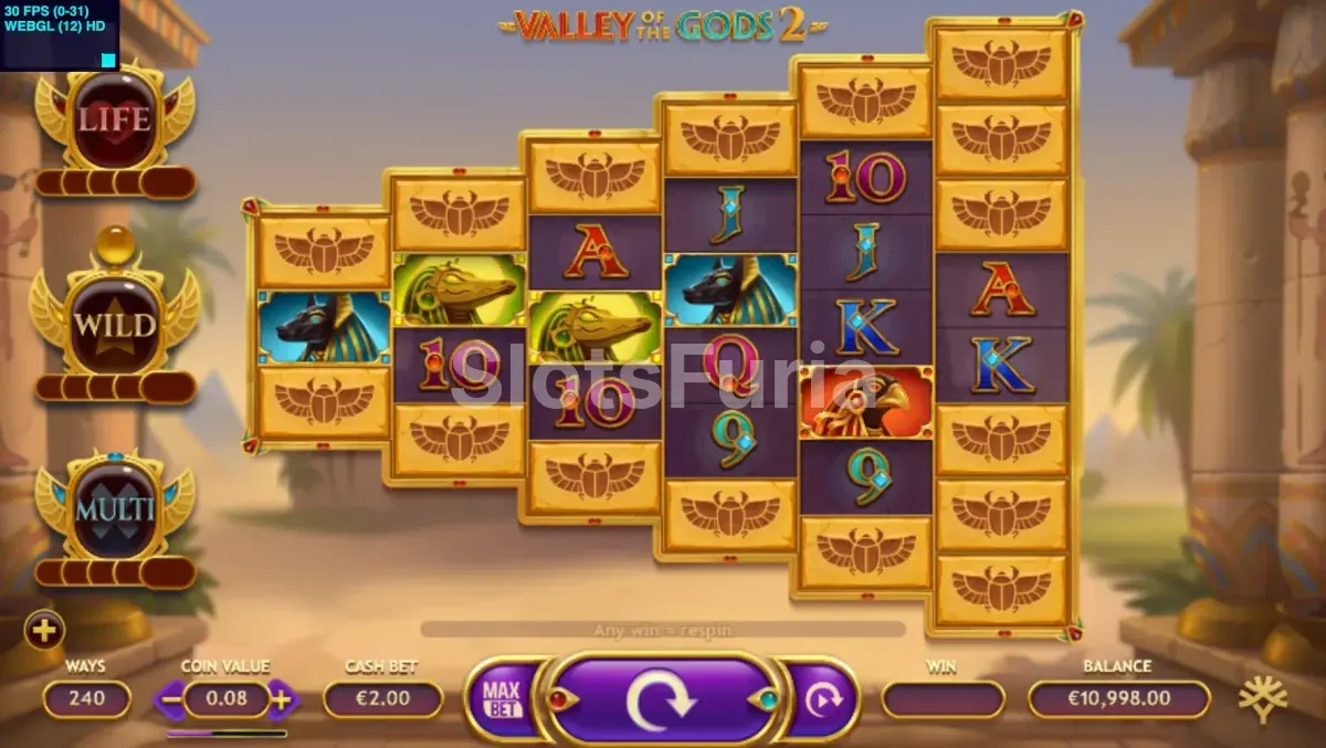 Pantalla principal de Valley of the gods 2 con los seis reeles activos
