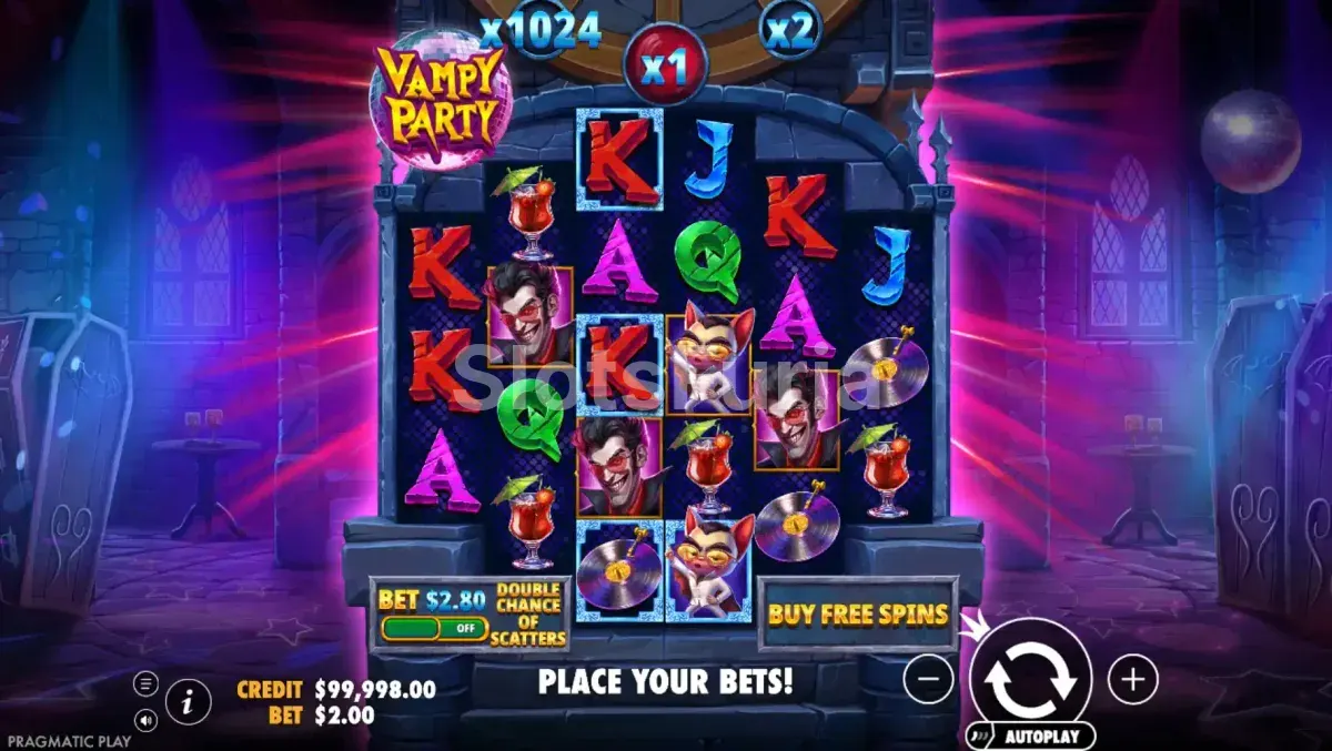 Juego base de Vampy Party con los 6 rodillos y el multiplicador sobre la cuadrícula