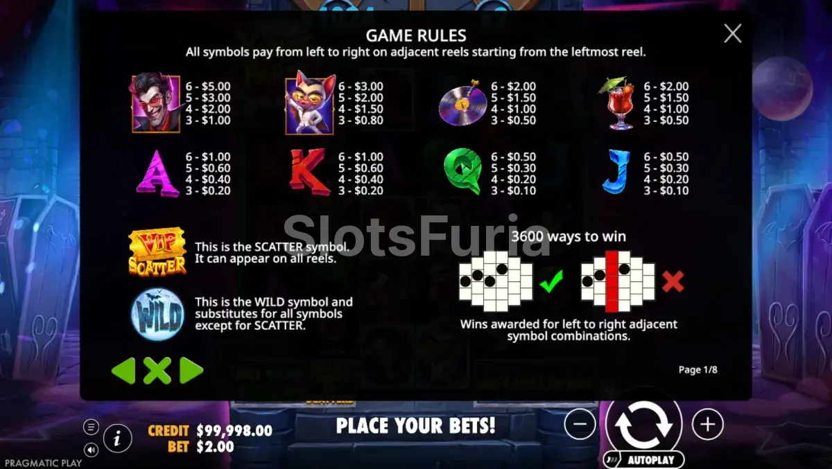 Tabla de pagos de Vampy Party con los valores de cada símbolo