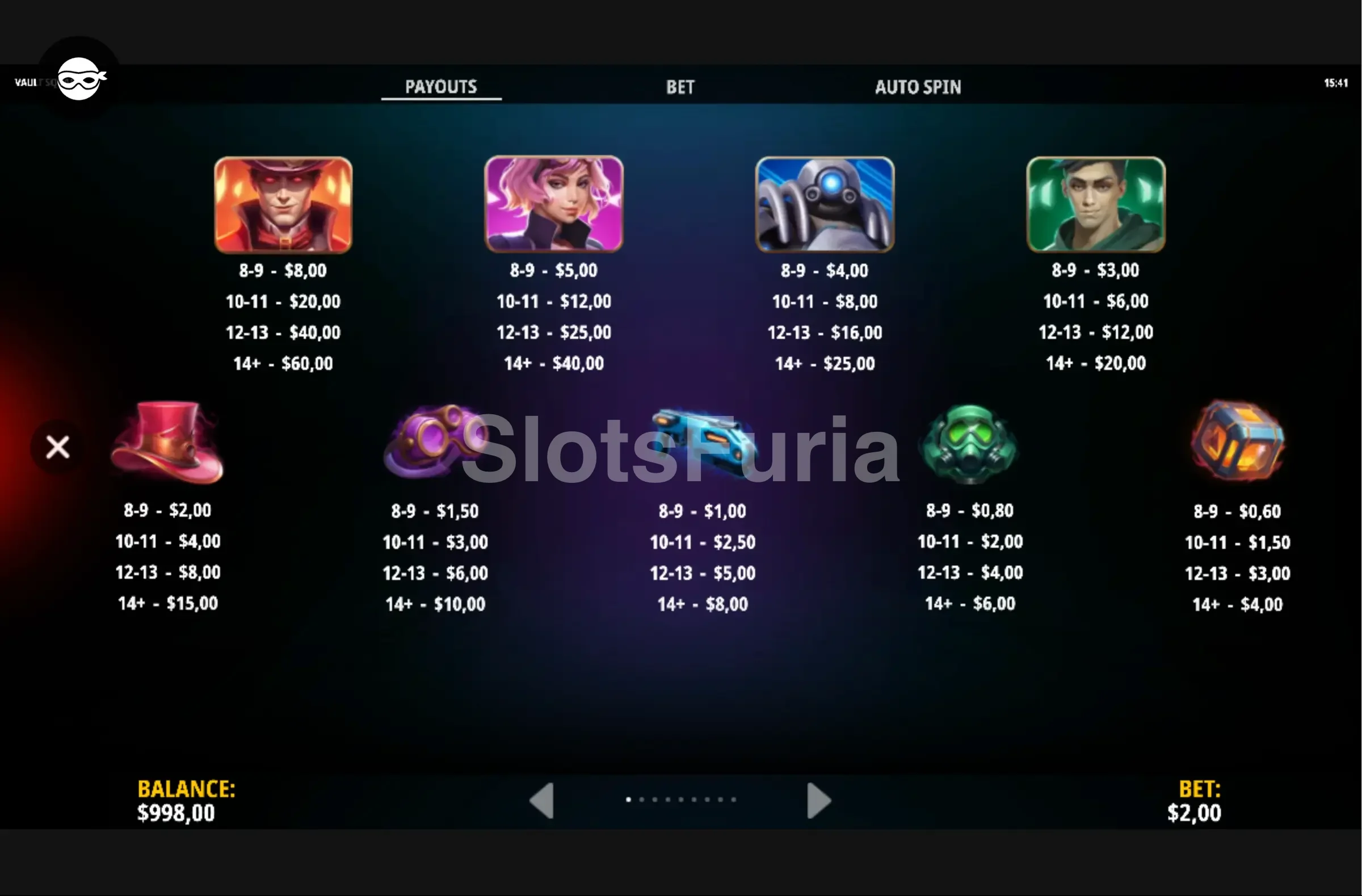 Tabla de pagos completa de la slot Vault Squad