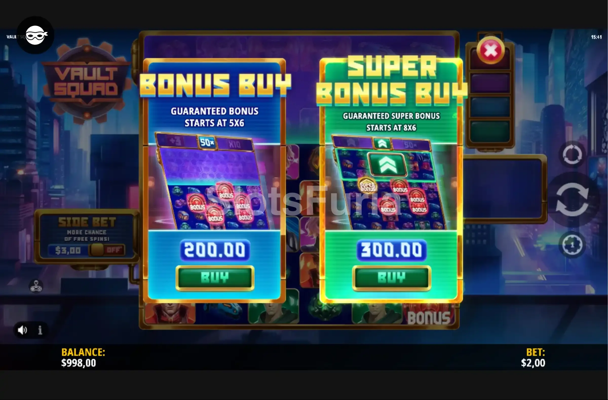 Pantalla de compra de bonus en Vault Squad de iSoftBet