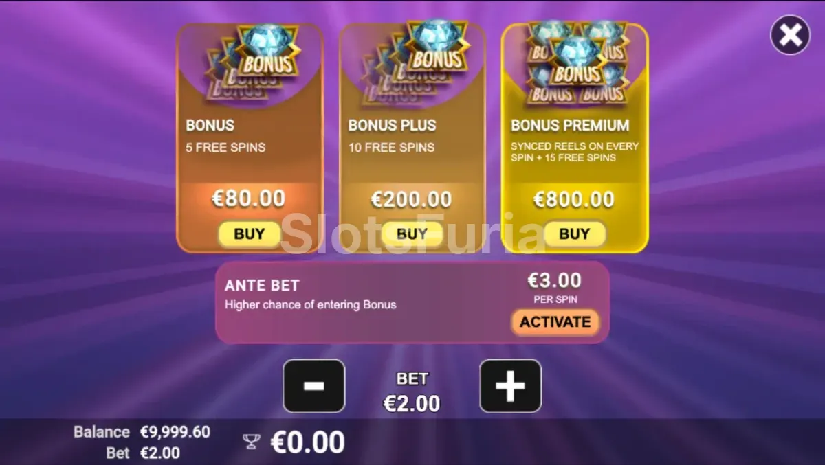 Pantalla de compra de bonus disponible en Vegas Fortune