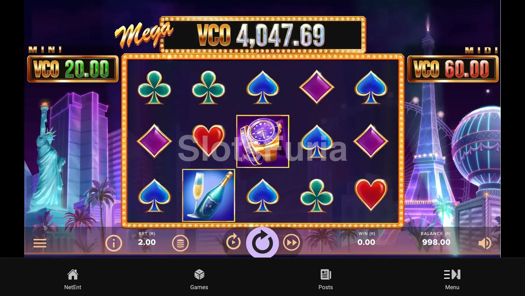 Pantalla principal de Vegas Night Life con los neones del Strip de fondo