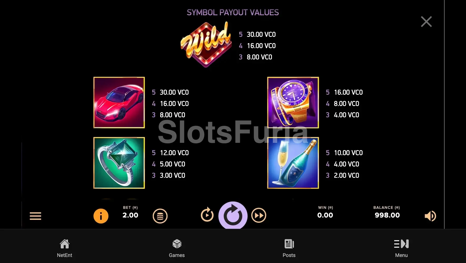 Tabla de pagos de Vegas Night Life con los símbolos premium y sus valores