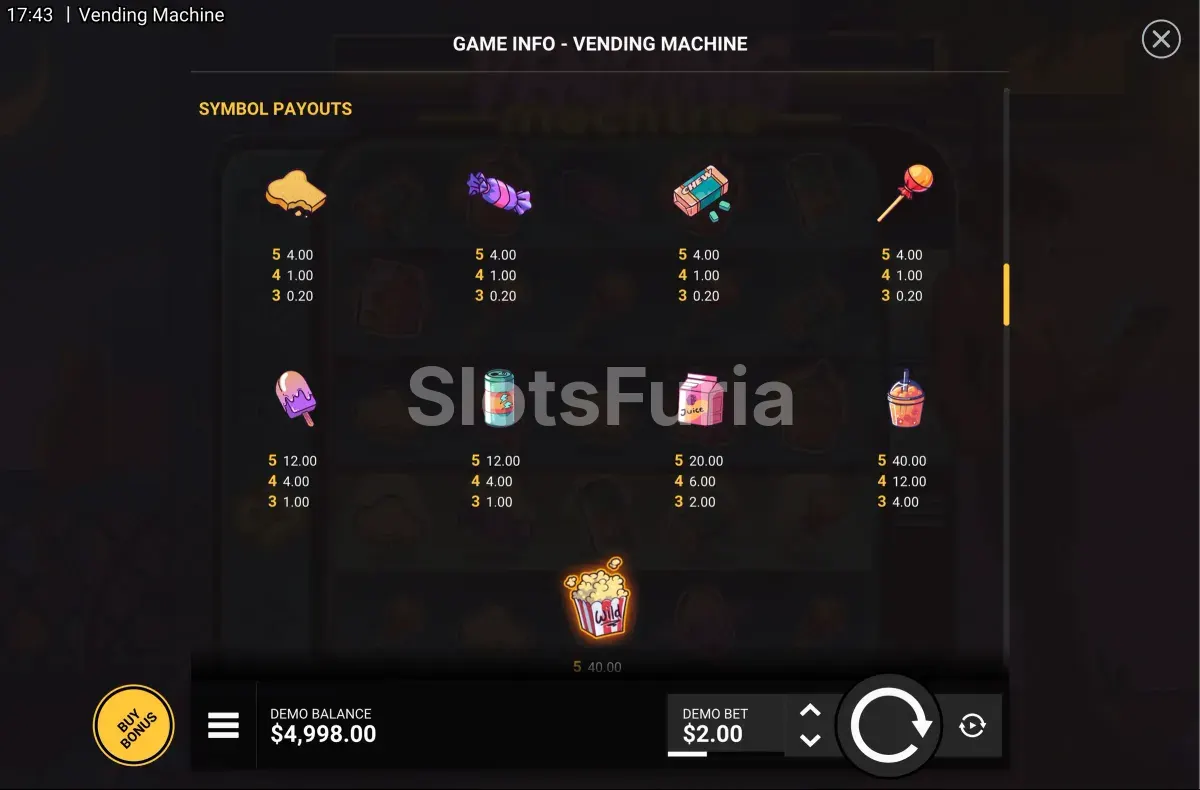Tabla de pagos de Vending Machine con los valores de cada símbolo